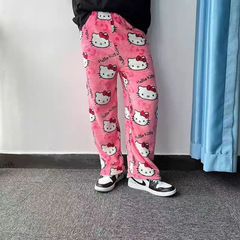 Winter Warm Sleepwear 
Kawaii Sanrio Hello Kitty Flannel Pajamas Black Women's Warm Wool Cartoon Casual Home Pants Autumn and Winter Fashion Trousers