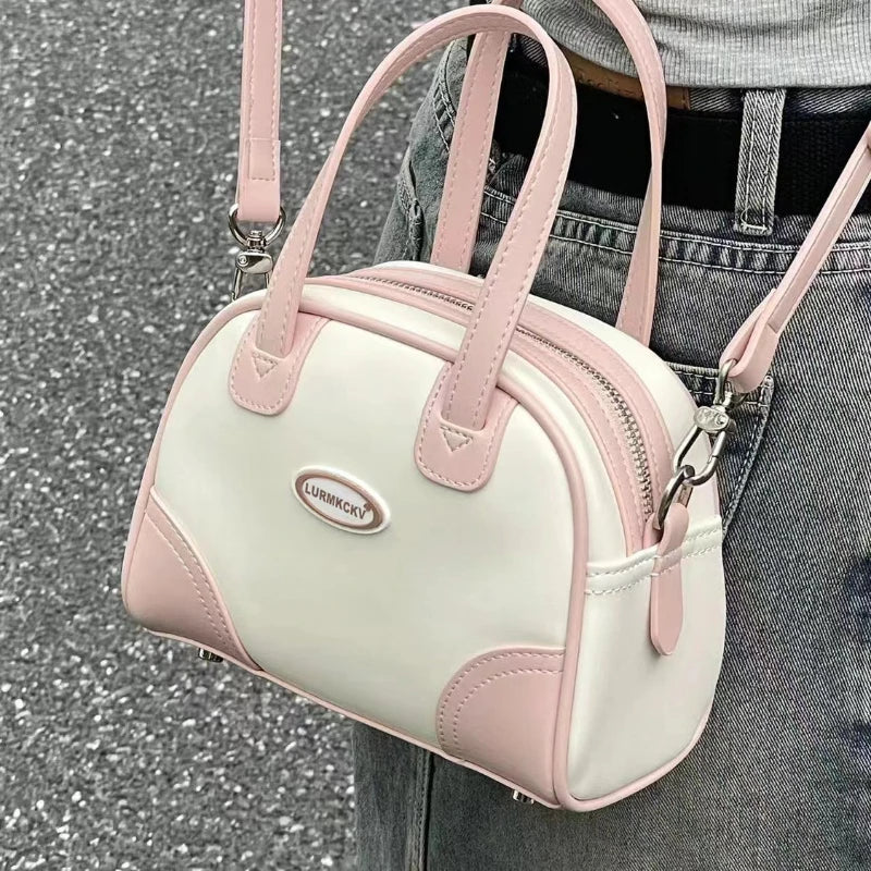 Handbags Xiuya Sweet Cute Handbags for Women Pu Leather Letter Pink White Boston Crossbody Bag New Vintage Elegant Bowling Shoulder Bag