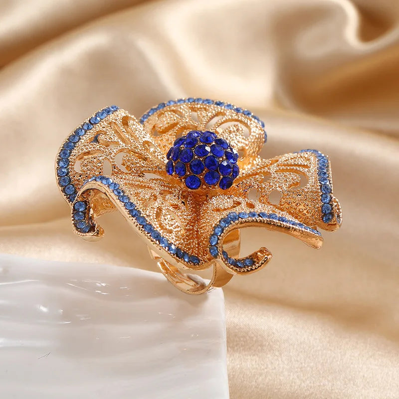 Luxury  Rings Luxury Big Flower Zircon Rings Women Indian Jewelry Classic Hollow Gold Color Adjustable Ring Female Gifts Dropshipping