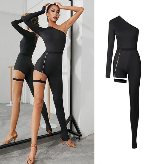 Exotic 
Sexy Slant Shoulder One-Sleeve-Leg Design Latin Dance Jumpsuit Women Rumba Salsa Dance Clothes Black Latin Dance Pants DNV17152