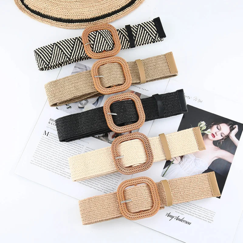 Belts Korean Fashion Women Grass-like Belts Woven Wide Simple Round Button Belt Cotton Linen Elastic Woven High Elastic Dress Belt