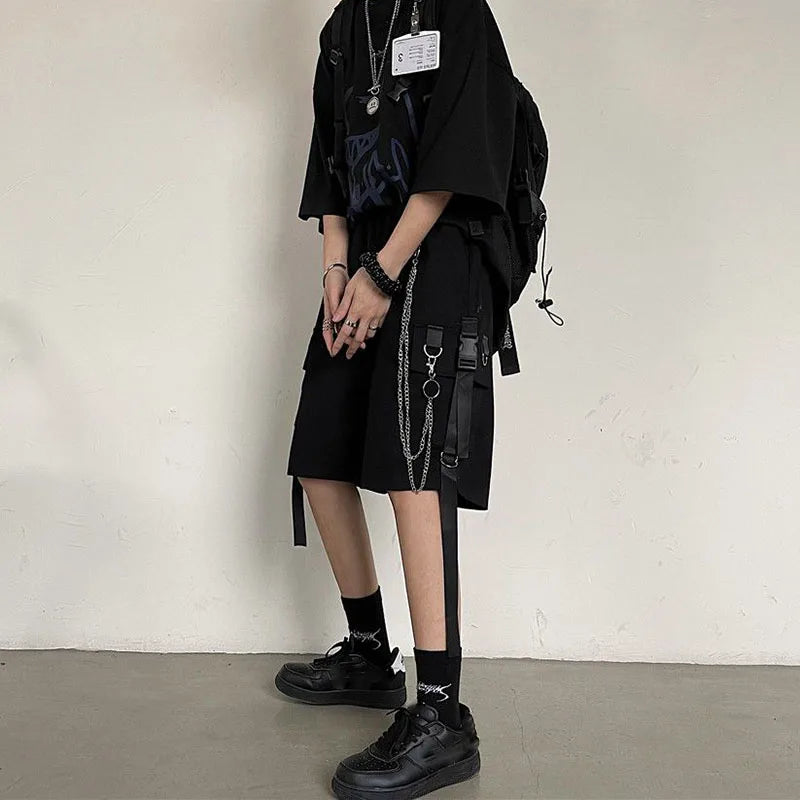 Shorts Casual Loose Cargo Shorts Women Harajuku Hip Hop Punk Large Pocket Wide Leg Shorts Fashion Chain High Waist Joggers Short Pants