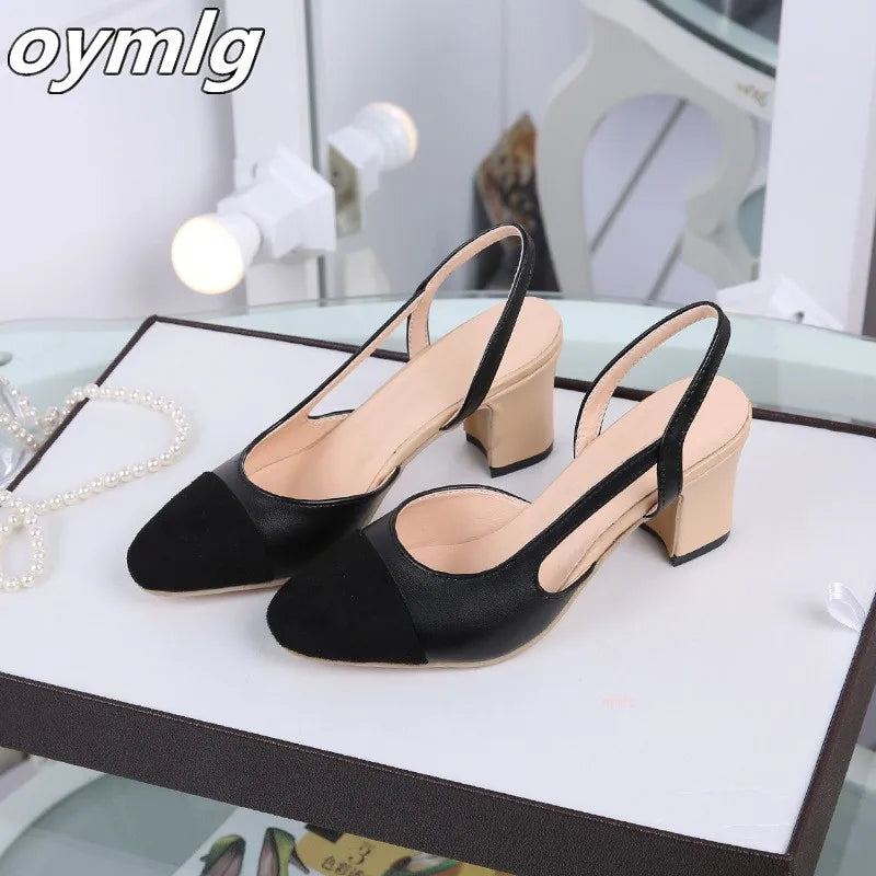 WOMEN SANDALS  Slingbacks Shoes High Heels Thick High Heel Shoes Cow Leather Mixed Colors Pumps Ladies High Heel Elegant Sandals Female