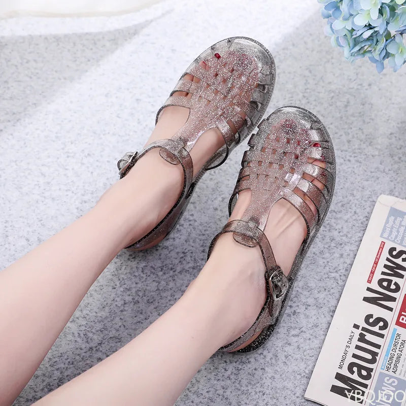 WOMEN SANDALS Hollow Out Bling Rainproof Jelly Sandals Women Summer Candy Shoes Woman Slippers Cover Toe Flat Femmes Sandales Pvc Sandalias