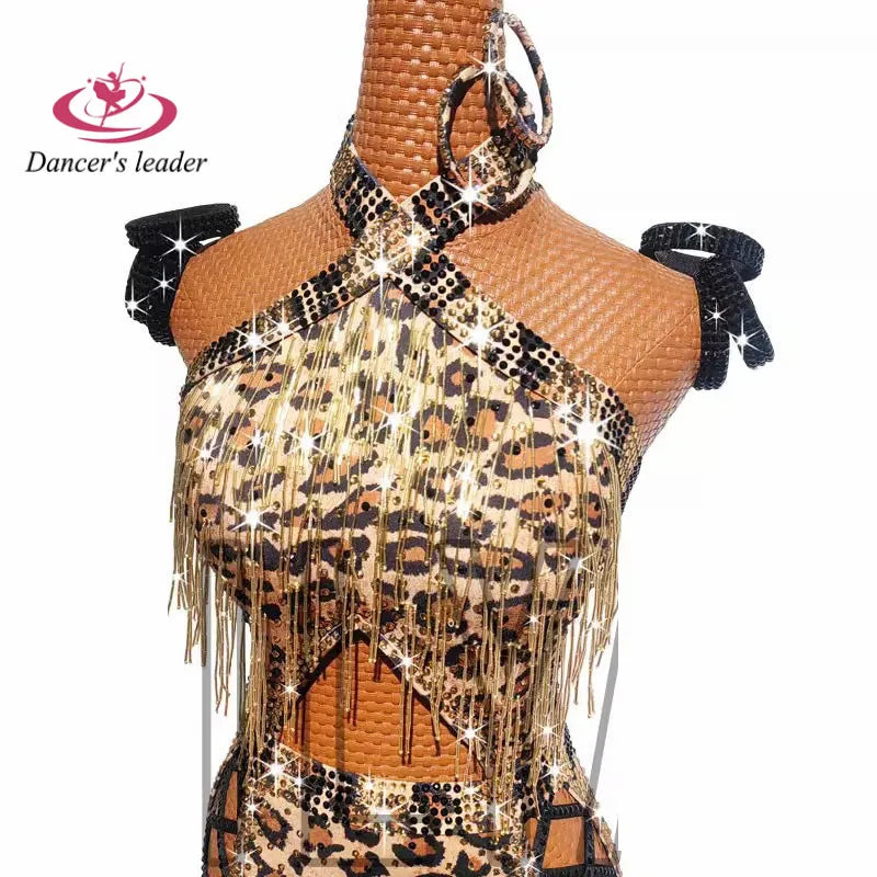 European Clothing
Latin dance Dress High end Customized Leopard Hollow out European and American Style Cha Cha Tango Stage Professional Clothing