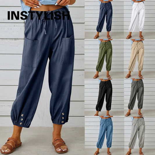 pants Women Cotton Linen Pants 2023 Autumn Solid Color Elastic Waist Loose Straight Trousers Female Harajuku High Waist Wide Leg Pants