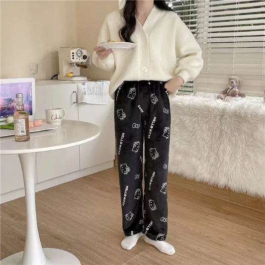 Winter Warm Sleepwear 
Kawaii Sanrio Hello Kitty Flannel Pajamas Black Women's Warm Wool Cartoon Casual Home Pants Autumn and Winter Fashion Trousers