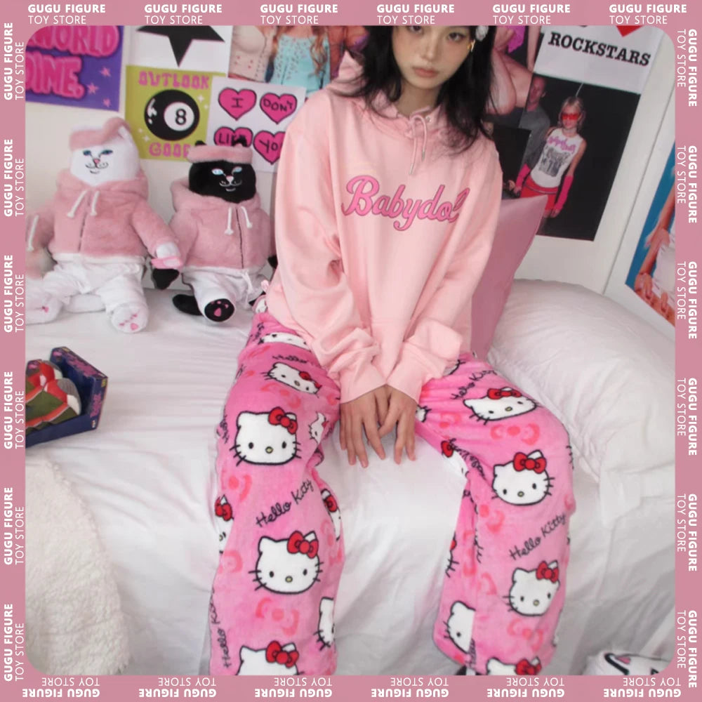 Winter Warm Sleepwear 
Sanrio Christmas Hello Kitty Flannel Pajamas Black Women'S Warm Woolen Cartoon Casual Home Pants In Winter Fashion Trousers Gift