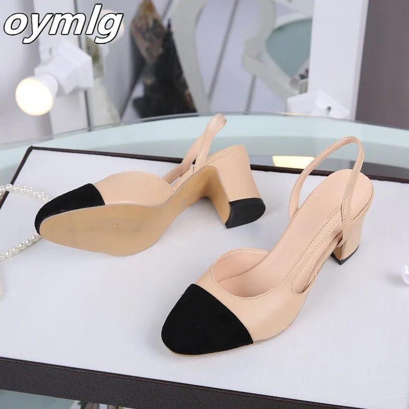 WOMEN SANDALS  Slingbacks Shoes High Heels Thick High Heel Shoes Cow Leather Mixed Colors Pumps Ladies High Heel Elegant Sandals Female