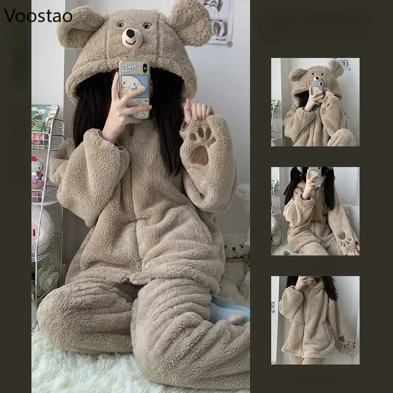 Winter Warm Sleepwear 
Autumn Winter Sweet Lolita Style Pajama Sets Women Kawaii Bear Ear Hooded Coral Fleece Warm Sleepwear Girls Cute Home Nightwear