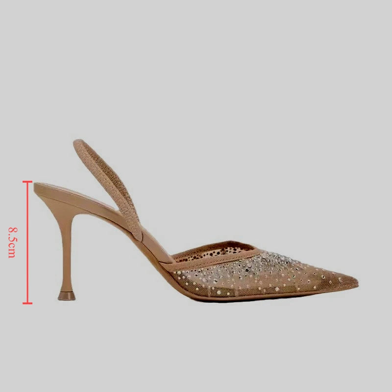 WOMEN SANDALS Summer New Women's Sandals Water Diamond Bright Mesh High Heels Footwear Elegant Slingback Pointed Slip on Party Lady Shoes