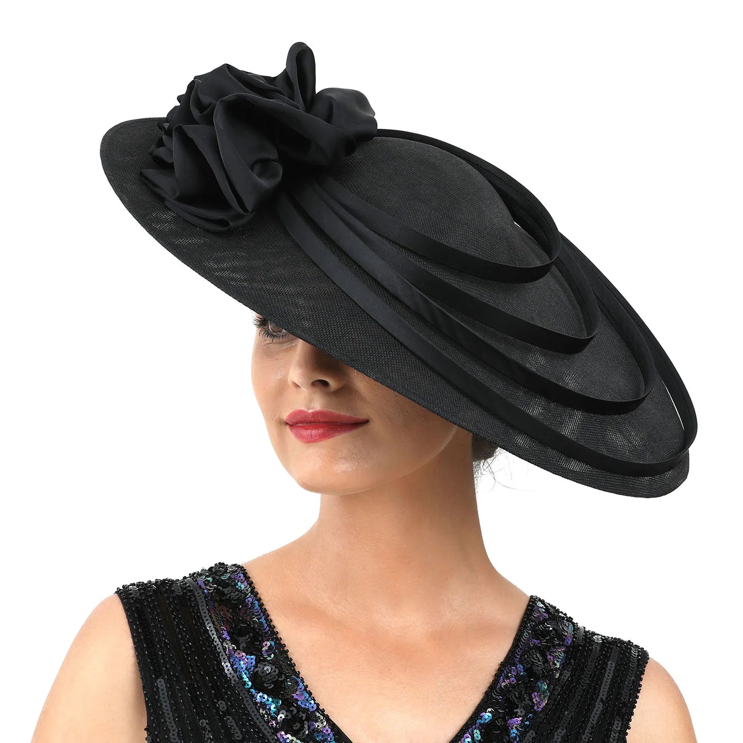 Hat Black Large Flower Fascinator Sinamay Church Hat Kentucky Derby Hat Wedding Luxury Headband Hat Cocktail Tea Party for Women