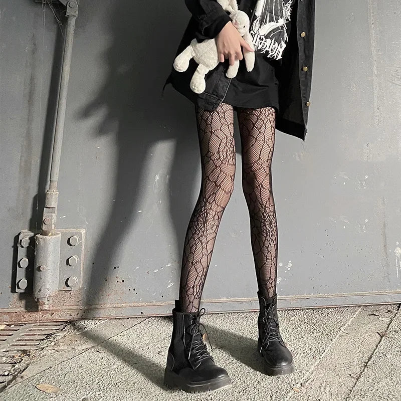 Tights 
Classic Lolita Hollowed Out Lace Mesh Stockings Bottomed Pantyhose Women Sexy Japanese Girls Gothic Punk Retro Spider Web Tights