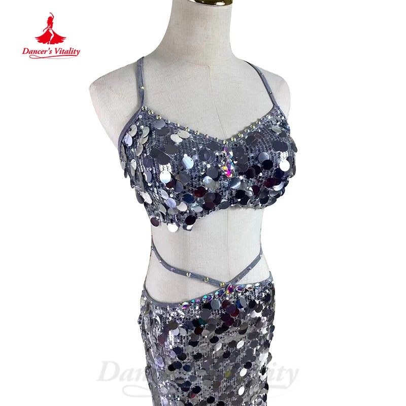 dancers  
Belly Dancer Costume Suit Women Customsized Big Sequins Vest Top+split Long Skirt 2pcs Performance Professional Bellydance Set