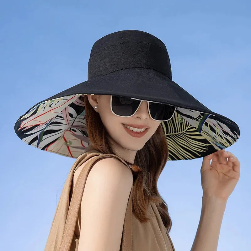 Hat 18cm Large Brim Women Sun Hat Luxury Double Sided Wearable Plant Printing Cotton Bucket Cap Light Breathable Summer Top Hat