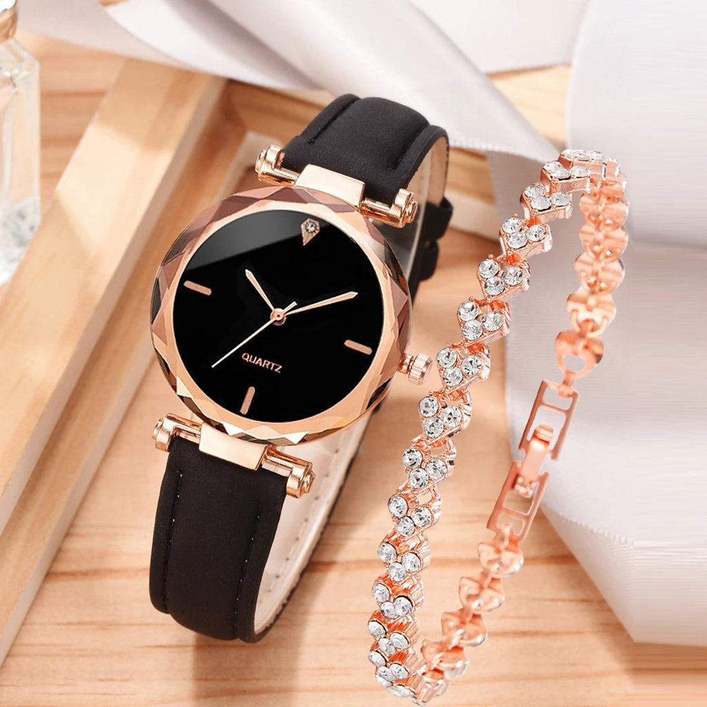 Women Watch 2pcs Luxury Fashion Women Watch Set PU Leather Strap Ladies Quartz Wristwatch Rhinestone RoseGold Alloy Bracelet for Ladies Gift