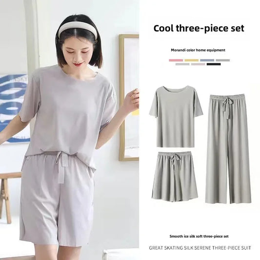 Pajama Sets 
Tg Summer New Women's Pajama Set Ice Silk Round Neck Loose-fit Fashionable Casual Homewear Three-piece Suit Outer Wear