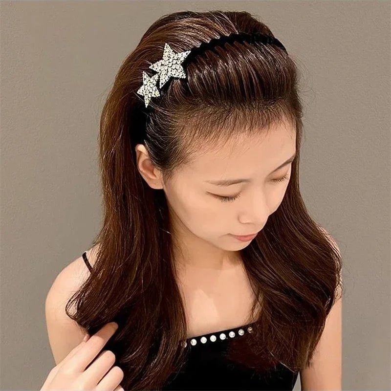 Elegant Look Rhinestone Double-star Hair Hoops Bands Flocking Face Wash Hair Bands for Women Teeth Comb Headband Luxury Hair Hoop Accessories