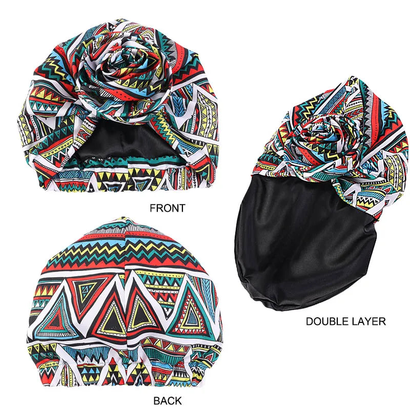 Elegant Look New Women African Print Stretch Bandana Head Wrap Satin Floral Ankara Dashiki Wedding Party Cap Beanie Muslim Hijab Bonnet