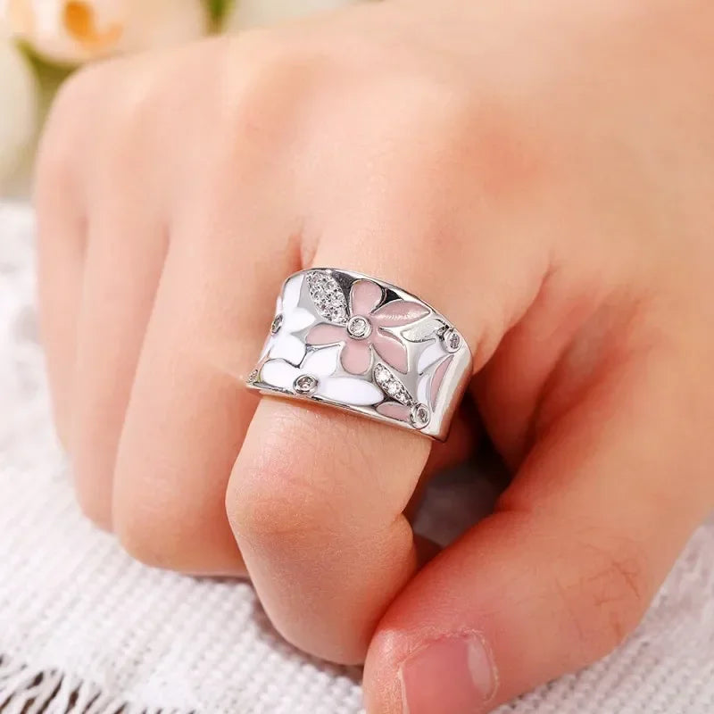 Luxury  Rings Aesthetic Enamel Flower Finger Ring for Women Wedding Party New 2023  Silver Color Luxury Cubic Zirconia Jewelry Gift