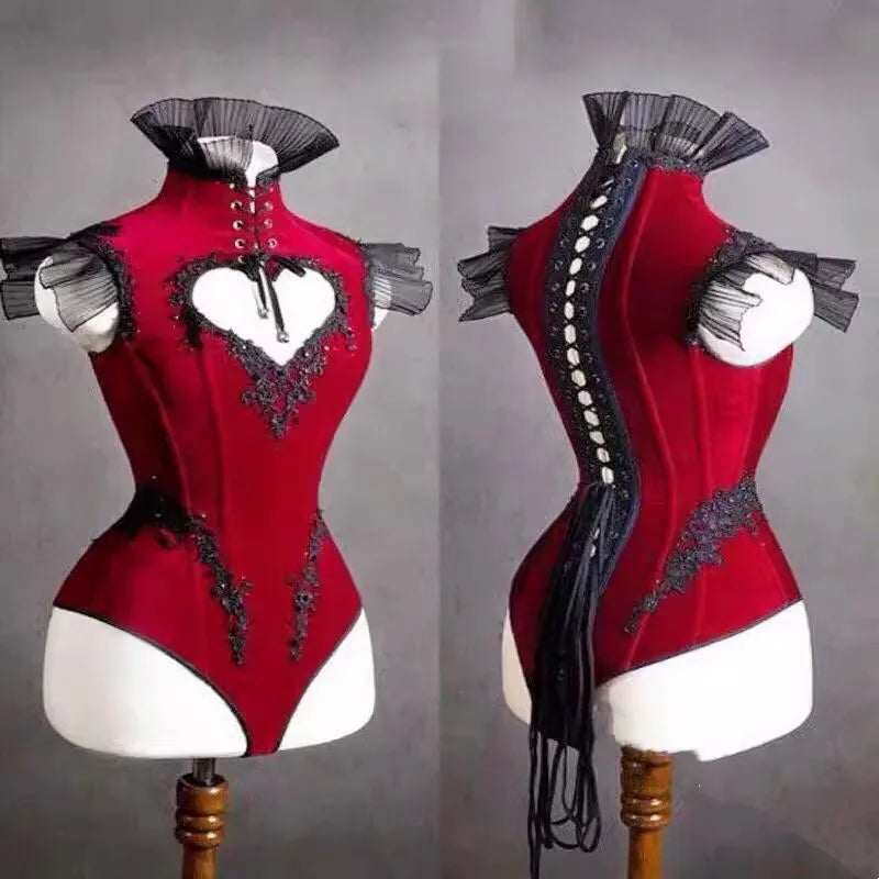 Exotic 
Red Cutout Love Strap Bodysuit Cosplay Sexy Gogo Costume Women Jazz Dance Outfit Bar Nightclub Dj Ds Stage Performance Wear