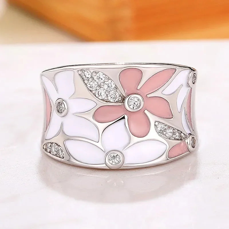 Luxury  Rings Aesthetic Enamel Flower Finger Ring for Women Wedding Party New 2023  Silver Color Luxury Cubic Zirconia Jewelry Gift