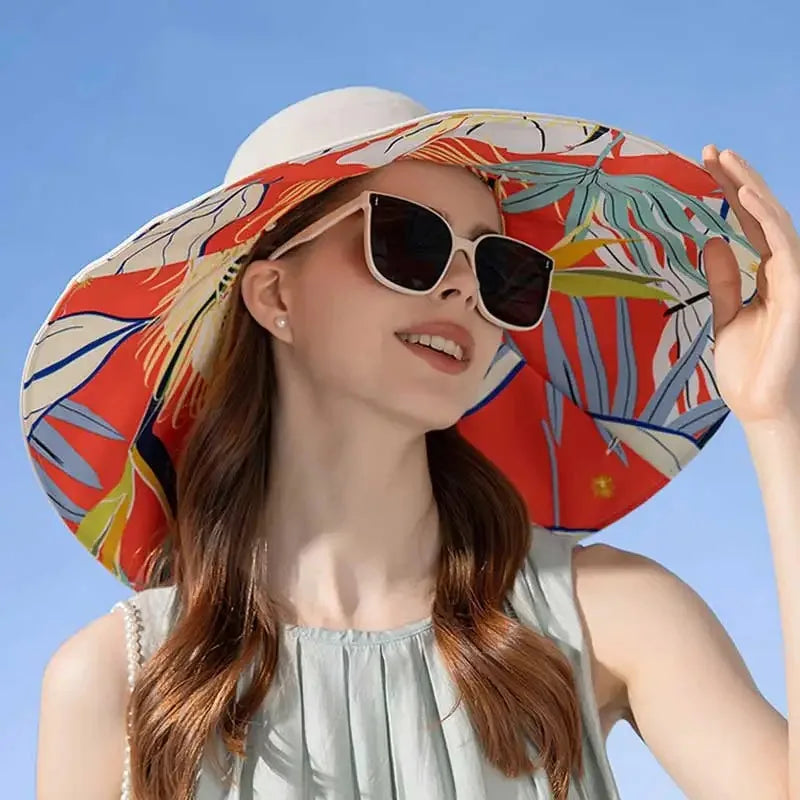 Hat 18cm Large Brim Women Sun Hat Luxury Double Sided Wearable Plant Printing Cotton Bucket Cap Light Breathable Summer Top Hat