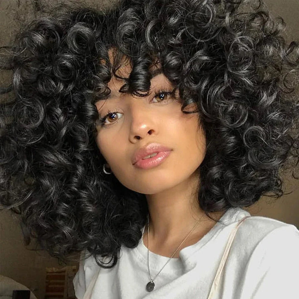 Hair Extensions and Wigs
Short Bouncy Curly Human Hair Wig With Bangs Easy to Wear Glueless Short Bob Curly Human Hair Wig Machine Made Afro Wig For Wome