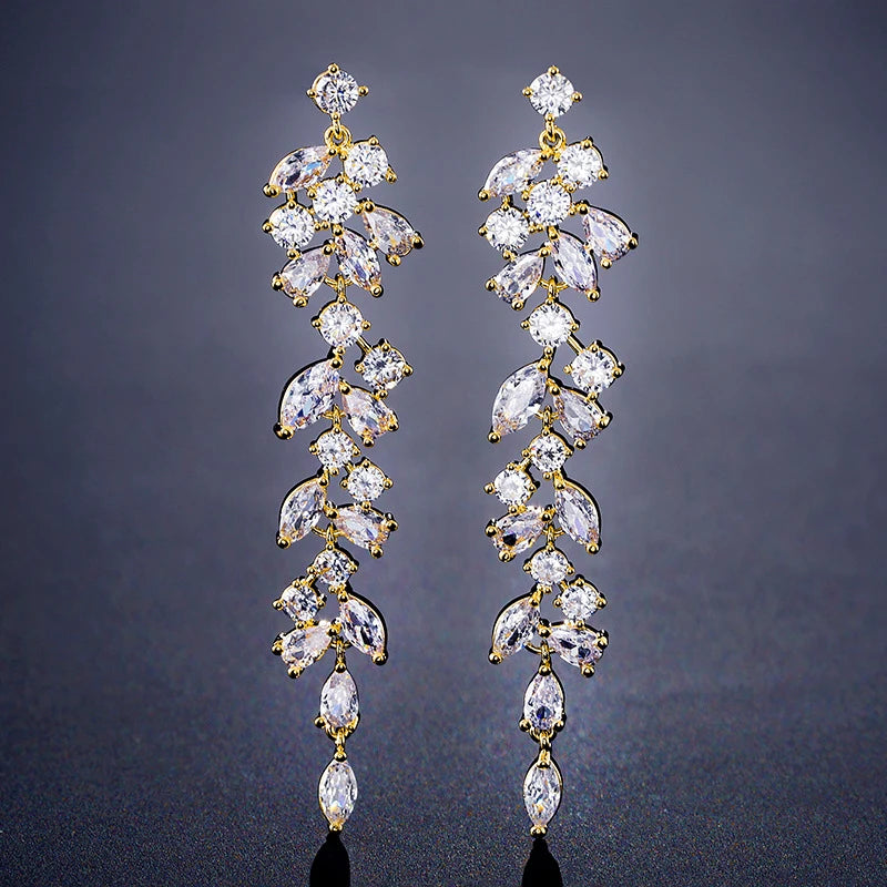 Earring  Luxury Zirconia Crystal Long Leaf Drop Dangle Clip on Earrings for Women Bridal Wedding Party Without Piercing Earrings Jewelry