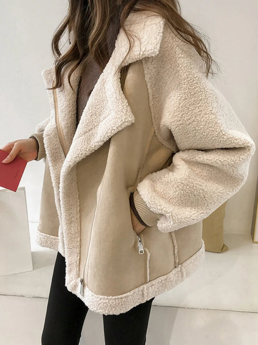 Plus Size Jacket Women Bomber Coat Thickened Casual Loose Outerwear Clothing Pocket Lamb Hair Overcoat Autumn Winter Topcoat Plus Size