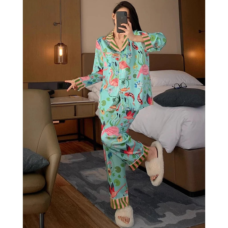 Pajama Sets 
Elegant Design Bird of Fire Cartoon Print Women's Pajamas Fashion Y2k Classical Lounge Sleepwear 2024 New Spring/Fall Housewear