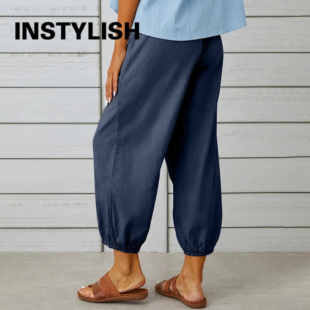 pants Women Cotton Linen Pants 2023 Autumn Solid Color Elastic Waist Loose Straight Trousers Female Harajuku High Waist Wide Leg Pants