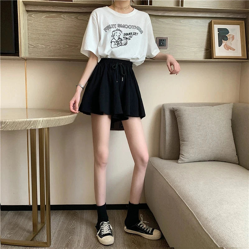 Shorts Summer Shorts Skirts Women Elastic High Waist Casual Wide Leg Shorts Korean A Line Loose Mini Skirt Black Short Pants