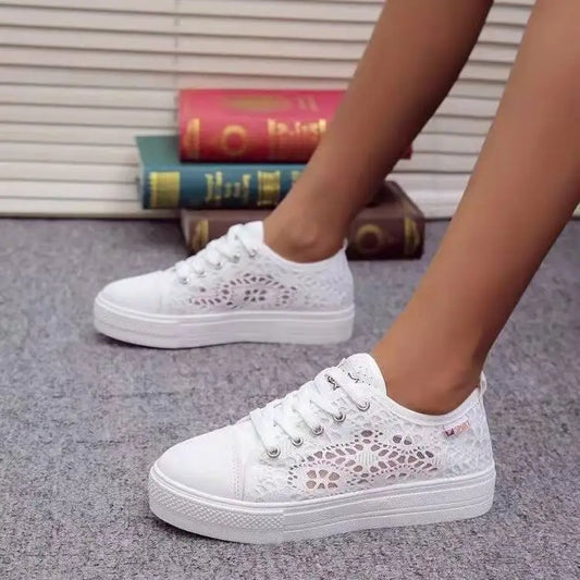 canvas shoes  Fashion Summer Casual White Shoes Cutouts Lace Canvas Hollow Breathable Platform Flat Shoes Woman Sneakers