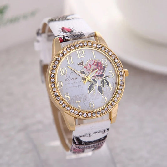 Women Watch Fashion Watches Women Rhinestone Inlaid Flower Round Dial Faux Leather Band Quartz Watch Fashion Quartz Wristwatch Women Relojes