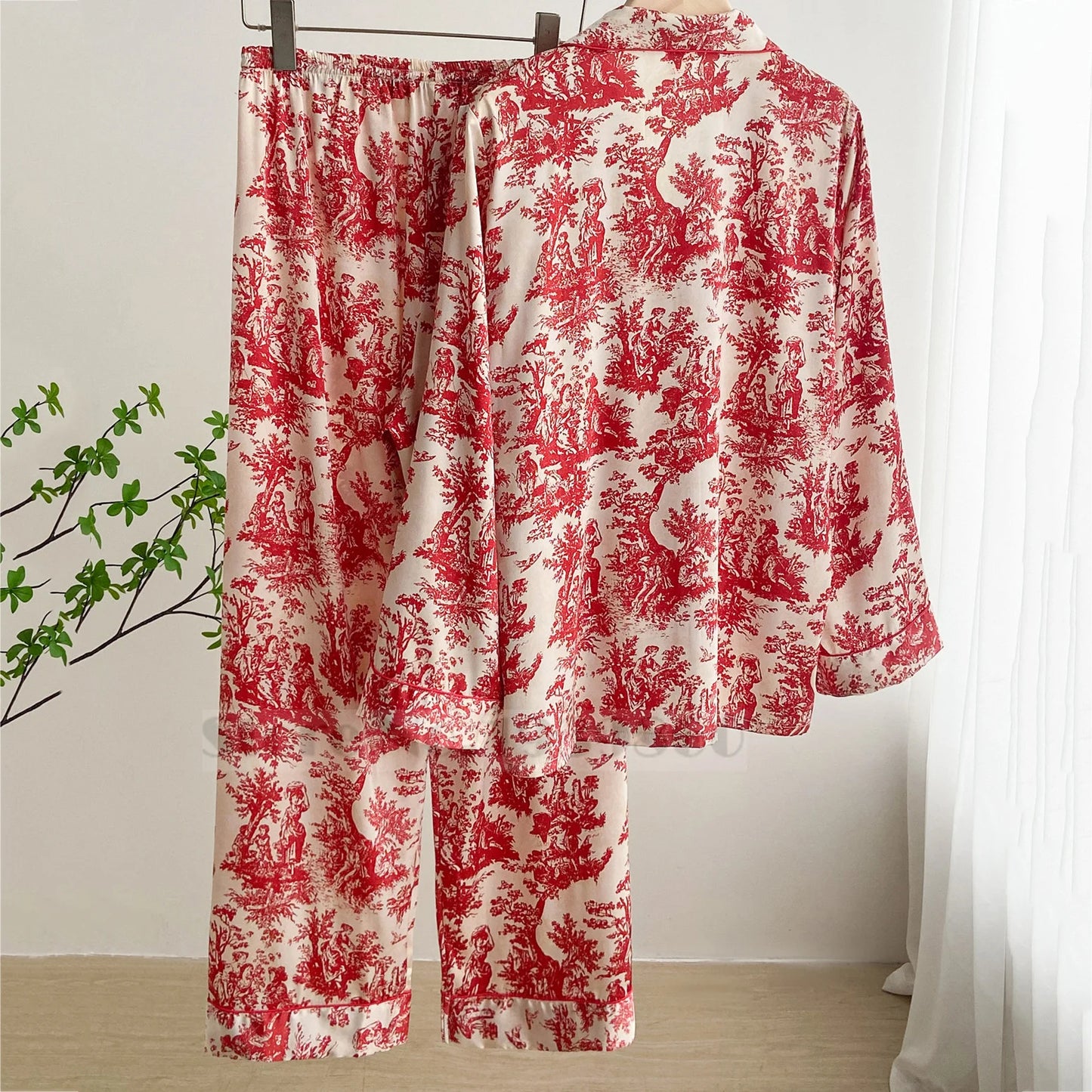 Pajama Sets 
Fashion Print Flower 2PCS Pajamas Set Women Sleepwear Spring Summer Trouser Suits Lounge Wear Loose Satin Homewear Pijamas Suit