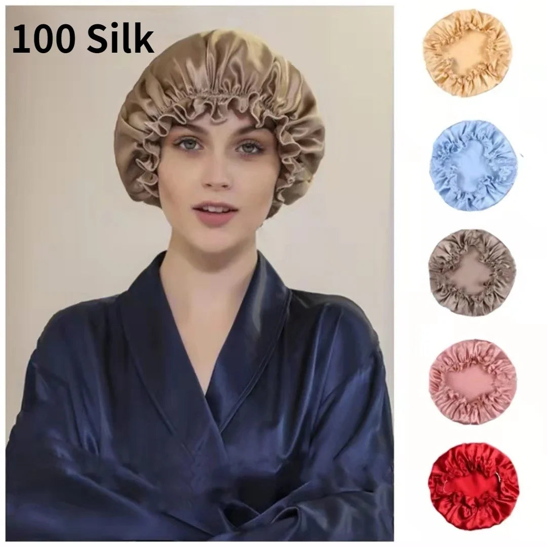 Elegant Look Large 100 Silk Sleeping Cap For Women Hair Bonnets Head Cover Hair Loss Hats Luxury Silk Bonnets Night Hair Wrap Mulberry Silk