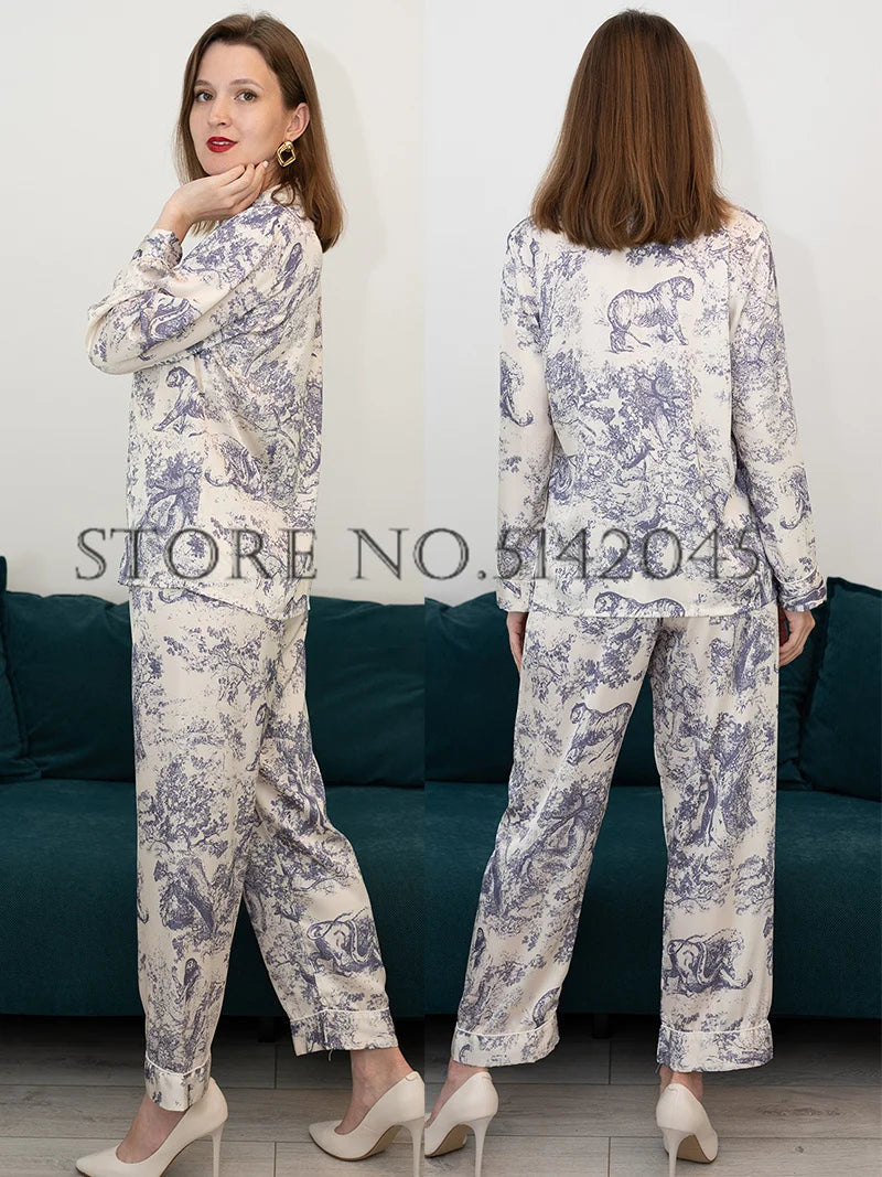 Pajama Sets 
Fashion Print Flower 2PCS Pajamas Set Women Sleepwear Spring Summer Trouser Suits Lounge Wear Loose Satin Homewear Pijamas Suit