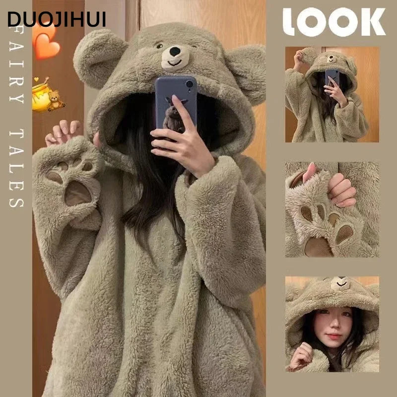 Winter Warm Sleepwear 
DUOJIHUI Hooded Winter Flannel Lovely Loose Female Pajamas Set New Simple Casual Fashion Print Thick Warm Soft Pajamas for Women