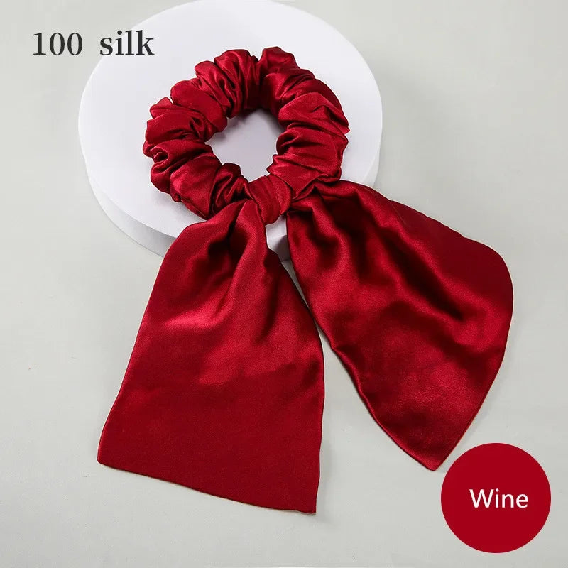 Elegant Look 100% Pure Mulberry Silk Hair Bows Scrunchies Silk Bowknot Elastic Hair Bands Ties Headwear For Women's Luxury Hair Accessories