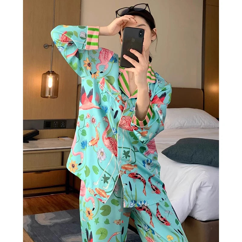 Pajama Sets 
Elegant Design Bird of Fire Cartoon Print Women's Pajamas Fashion Y2k Classical Lounge Sleepwear 2024 New Spring/Fall Housewear