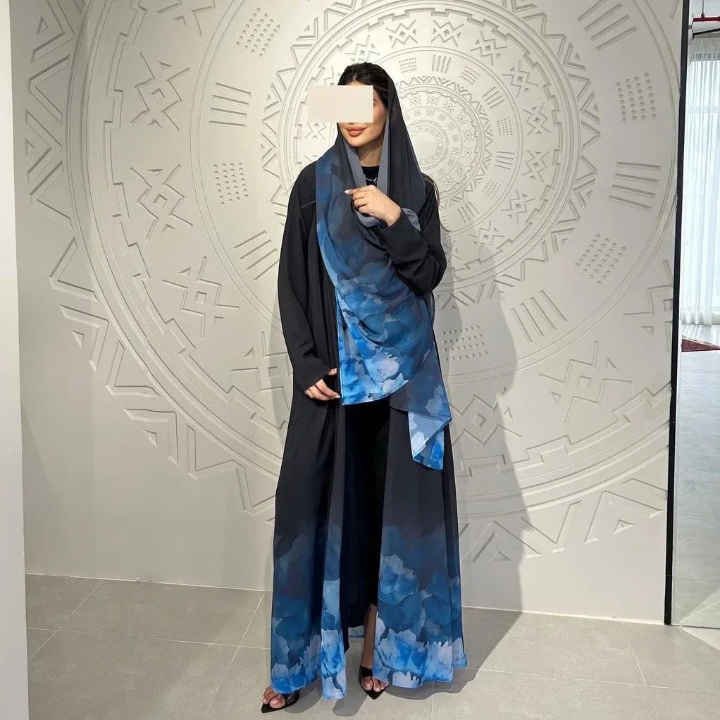 Elegant Abaya Dubai Women Luxury Printed Open Kimono Muslim Dresses With Scarf Modesty Robe Khimar Set Islamic Kebaya Clothing