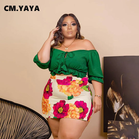 Plus Size Women Floral Leopard Striped Midi Skirt Suit for 2022 Summer Street Mini Blouse Top Chic Matching Set Outfits