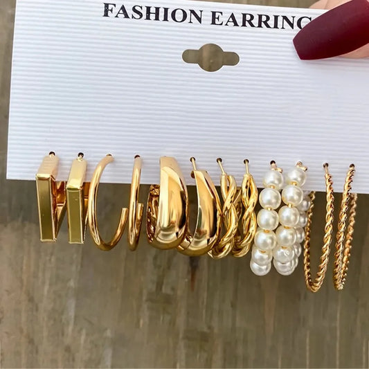 Earring  12 Pcs Fashion Geometric Circle Pearl Drop Dangle Earrings for Women Luxury Gold Color Enamel Hoop Earring Party Jewelry Set