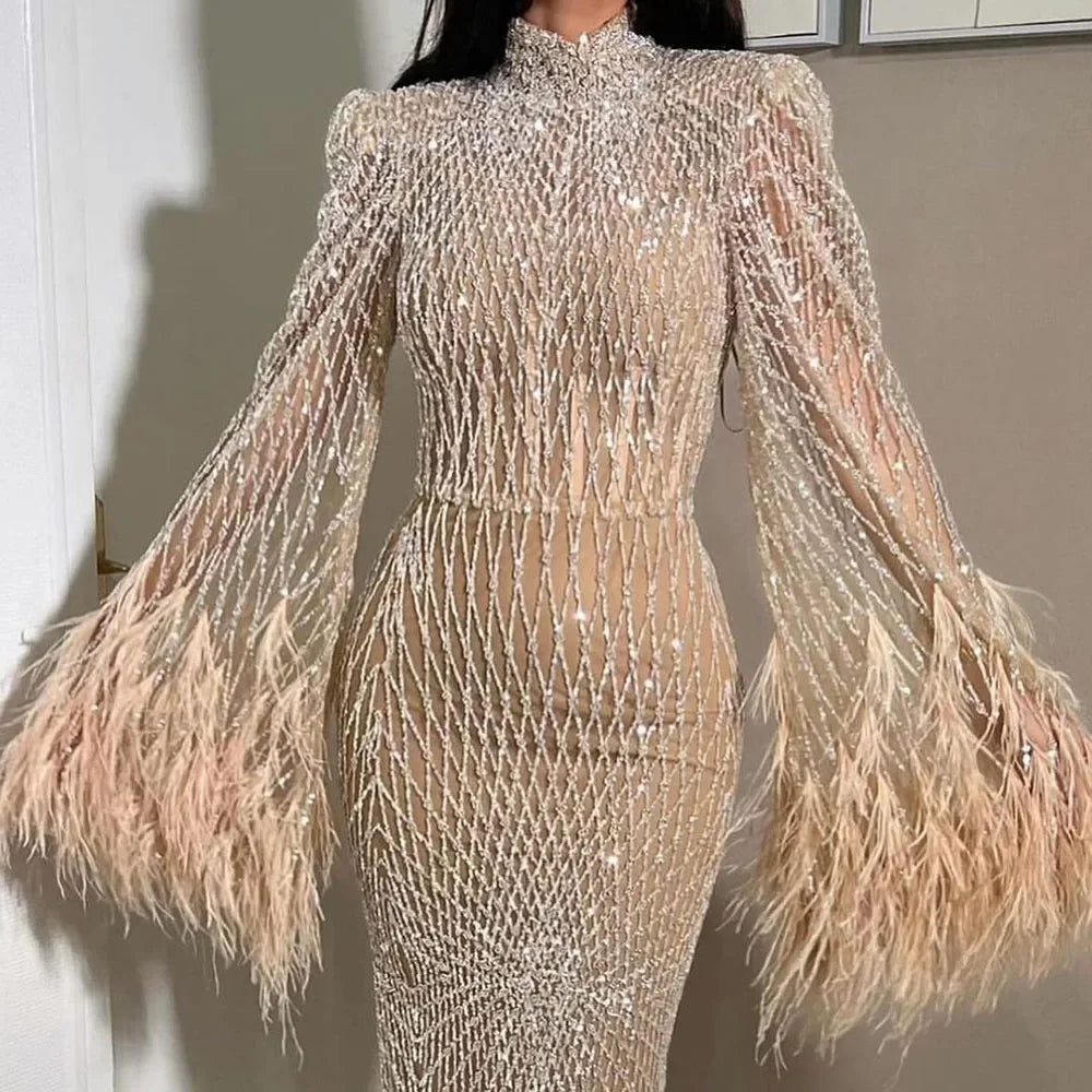 Serene Hill 2024 Women Wedding Party Dubai Gowns Nude Illusion Cut Out Lace Beaded Feathers Mermaid Long Evening Dresses LA72394