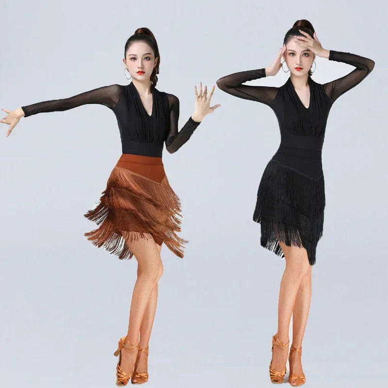 dancers  
Latin Dance Dress Female Adult Ballroom Tango Cha Cha Latin Show Skirt Modern Rumba Performance Training Dancewear