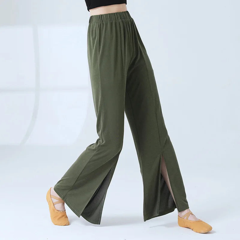 Exotic 
Wholesale Adult Dance Pants A Line Straight Copper Ammonia Silk Trousers Front Split Sexy Stage Clothes Women Classical Dancing