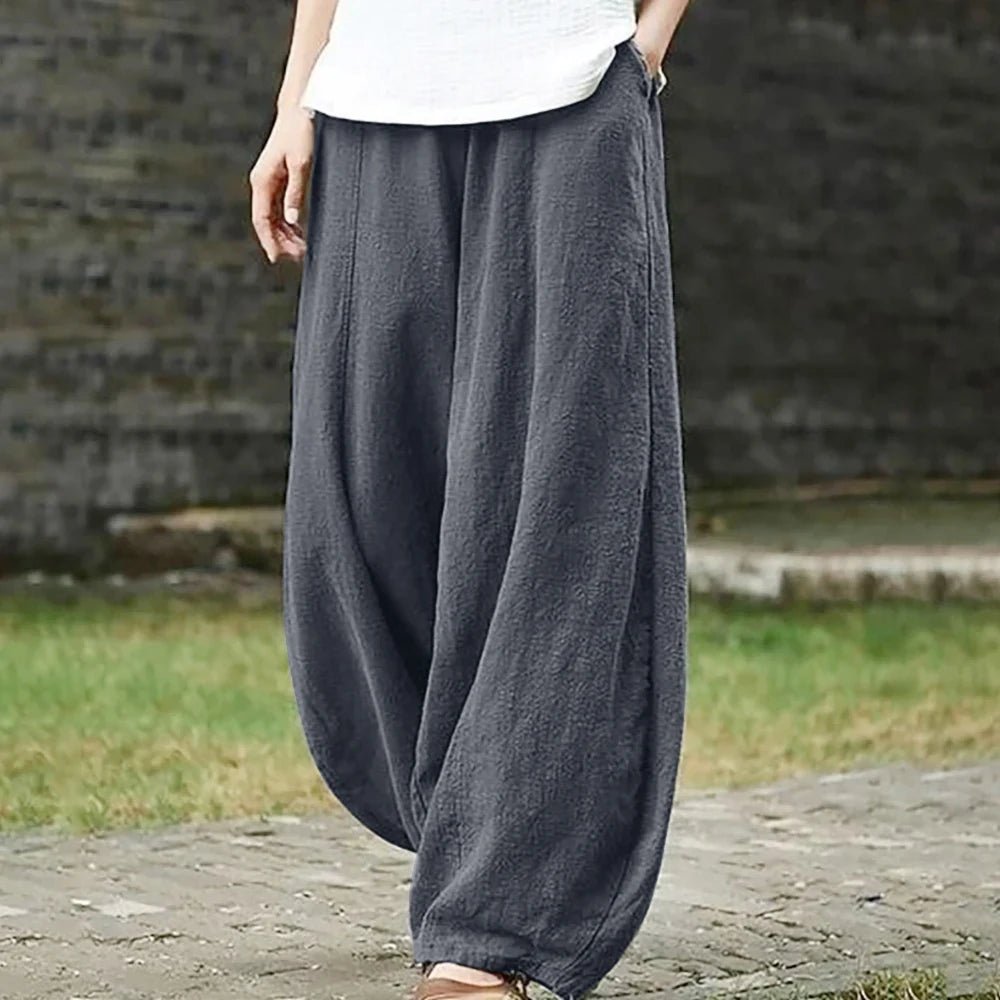 Pants Cotton Linen Style Bloomers Wide Leg Pants Women Vintage Full Length Elegent Pants Solid Elasitic Waist S-5XL