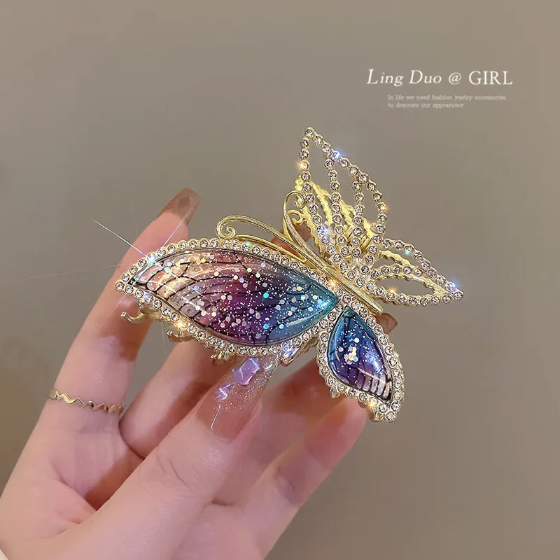 Elegant Look New Women's Crystal Butterfly Fashion Alloy Claw Clip Light Luxury Bright Diamond Girl Back Spoon Shark Clip Hair Accessories