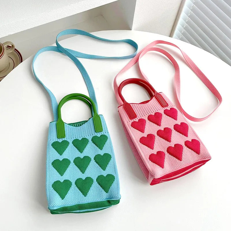 Handbags Korean Fashion Heart Knitted Mini Square Handbag for Women Small Mobile Phone Shoulder Bags Girls Cute Outdoor Crossbody Bags